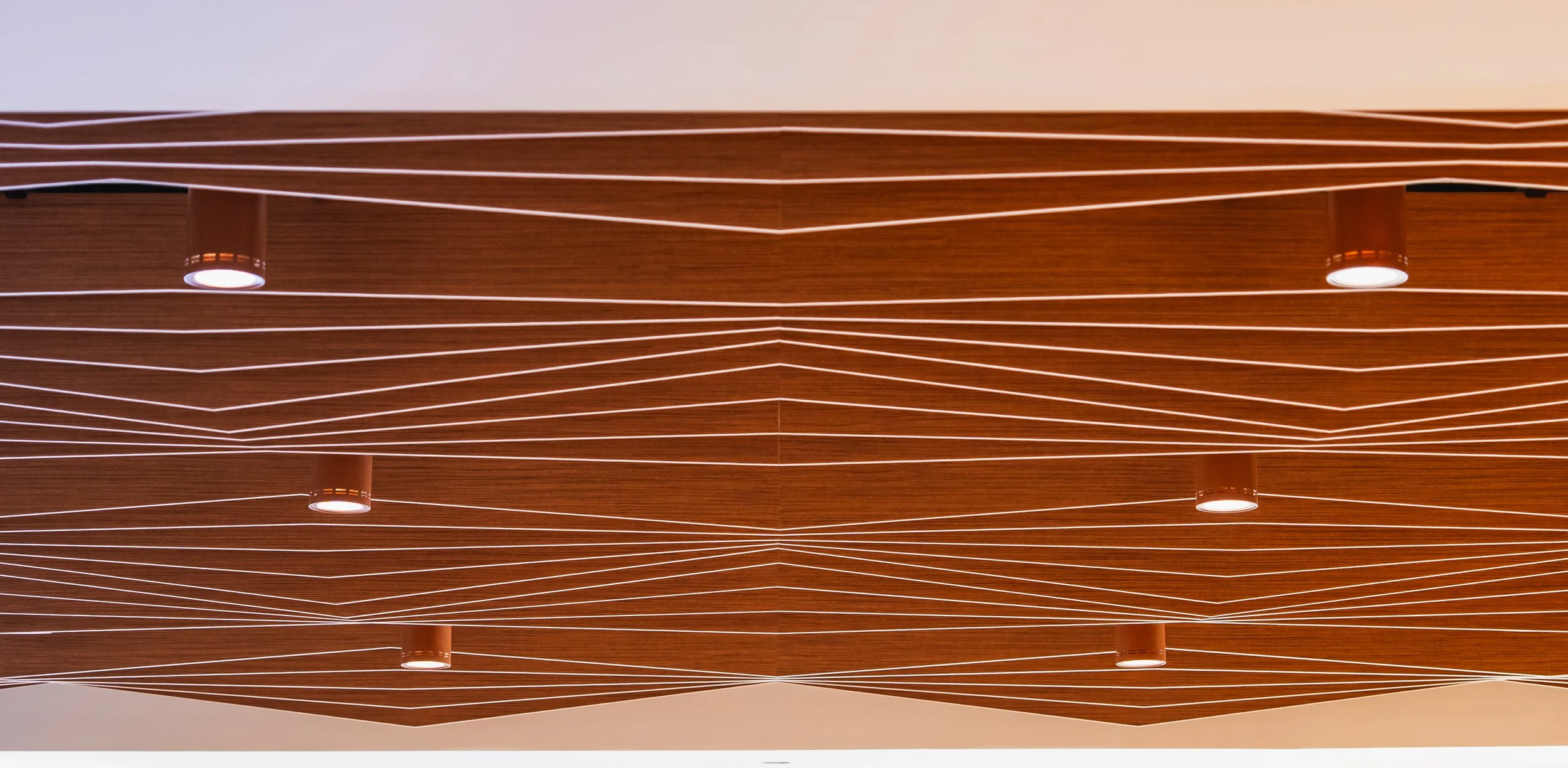 Ceiling with wooden panels and embedded lights.