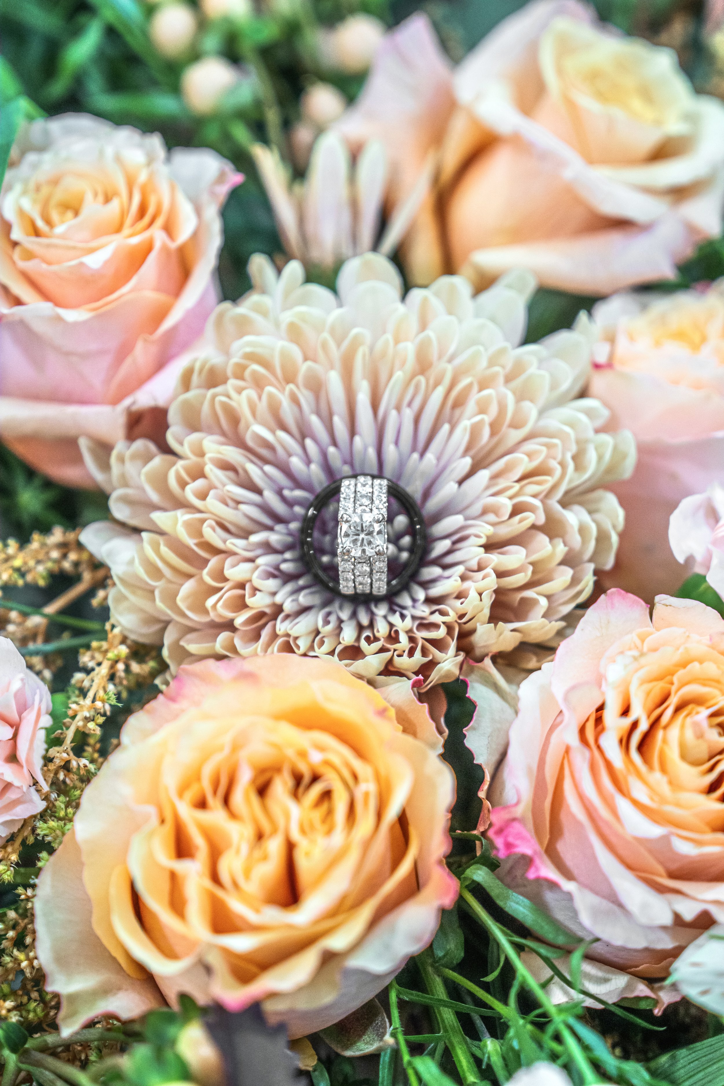 Wedding ring with diamonds placed on a pink flower surrounded by peach-colored roses and greenery. Detail wedding photography