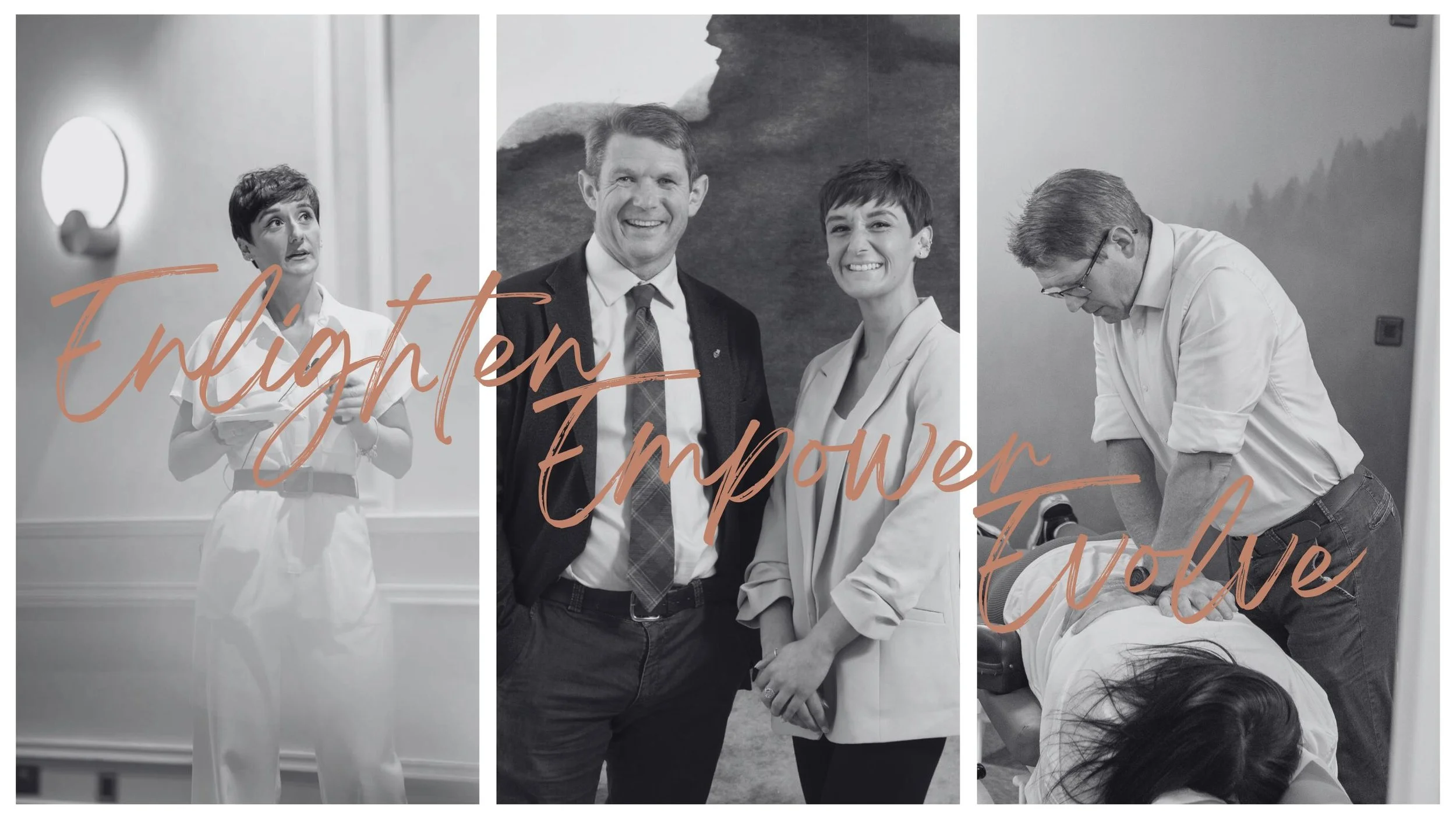 A collage of three black and white photos with the overlaying text "Enlighten, Empower, Encompass" in orange script. The first photo shows a woman with short hair in a white salad dress talking, the middle shows a smiling man and woman holding hands in front of a landscape, and the third features a man in glasses performing a chiropractic adjustment on a woman lying face down.