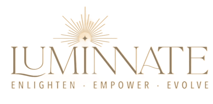 Logo with the word 'LUMINATE' and a rising sun behind it, with the tagline 'ENLIGHTEN. EMPOWER. EVOLVE.' underneath.
