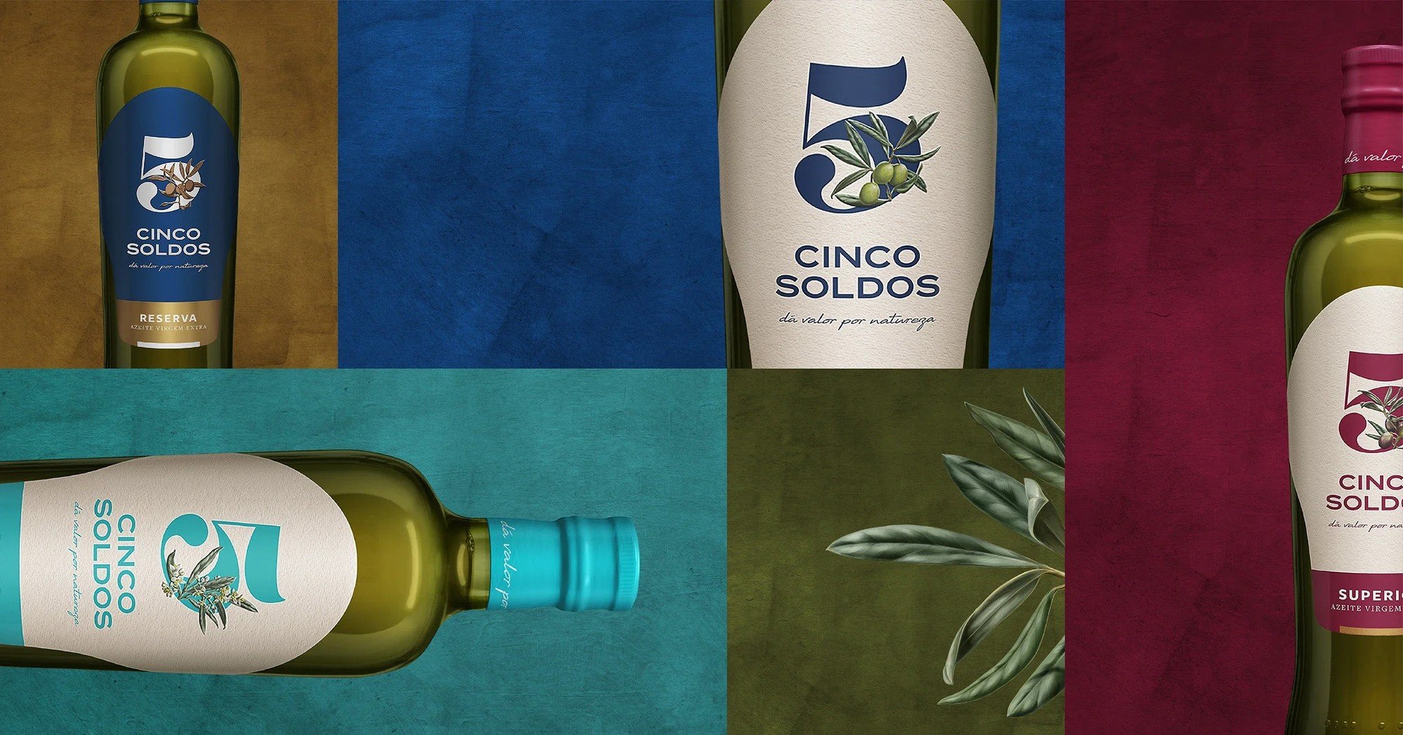 Multiple bottles of Cinco Soldos brand olive oil arranged on colorful backgrounds, with some bottles showing labels in blue, white, pink, and green.