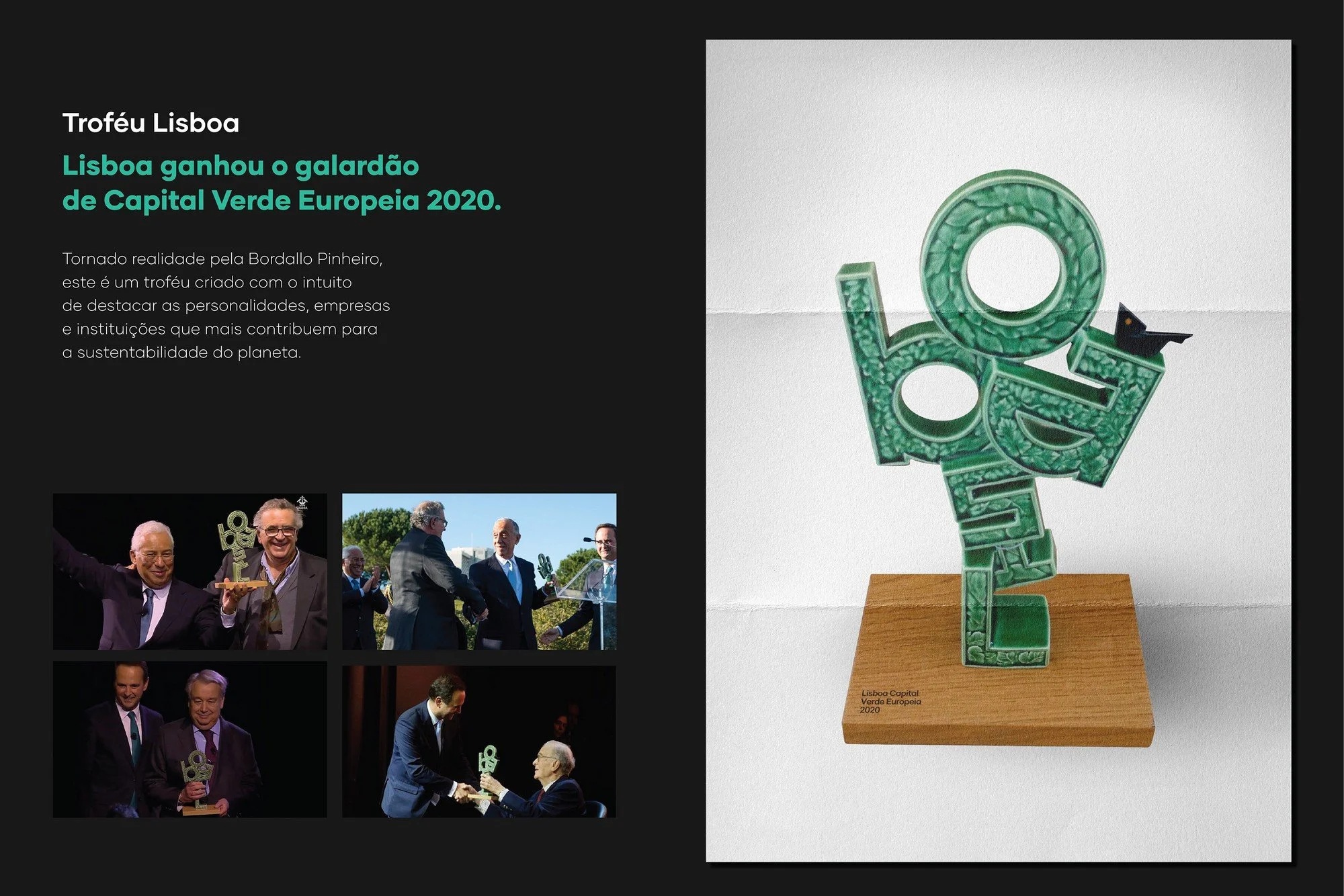 Lisbon-themed green glass trophy with a black graduation cap on top, mounted on a wooden base, awarded at the Europe Green Capital 2020 event in Lisbon.