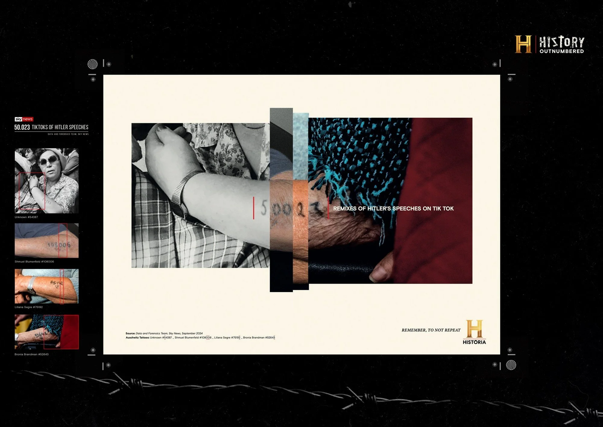 A collage of images and text highlighting Nazi speeches on TikTok, including close-up photos of tattooed arms and a woman with sunglasses, with the logo of History Channel and a message to remember the importance of the information.