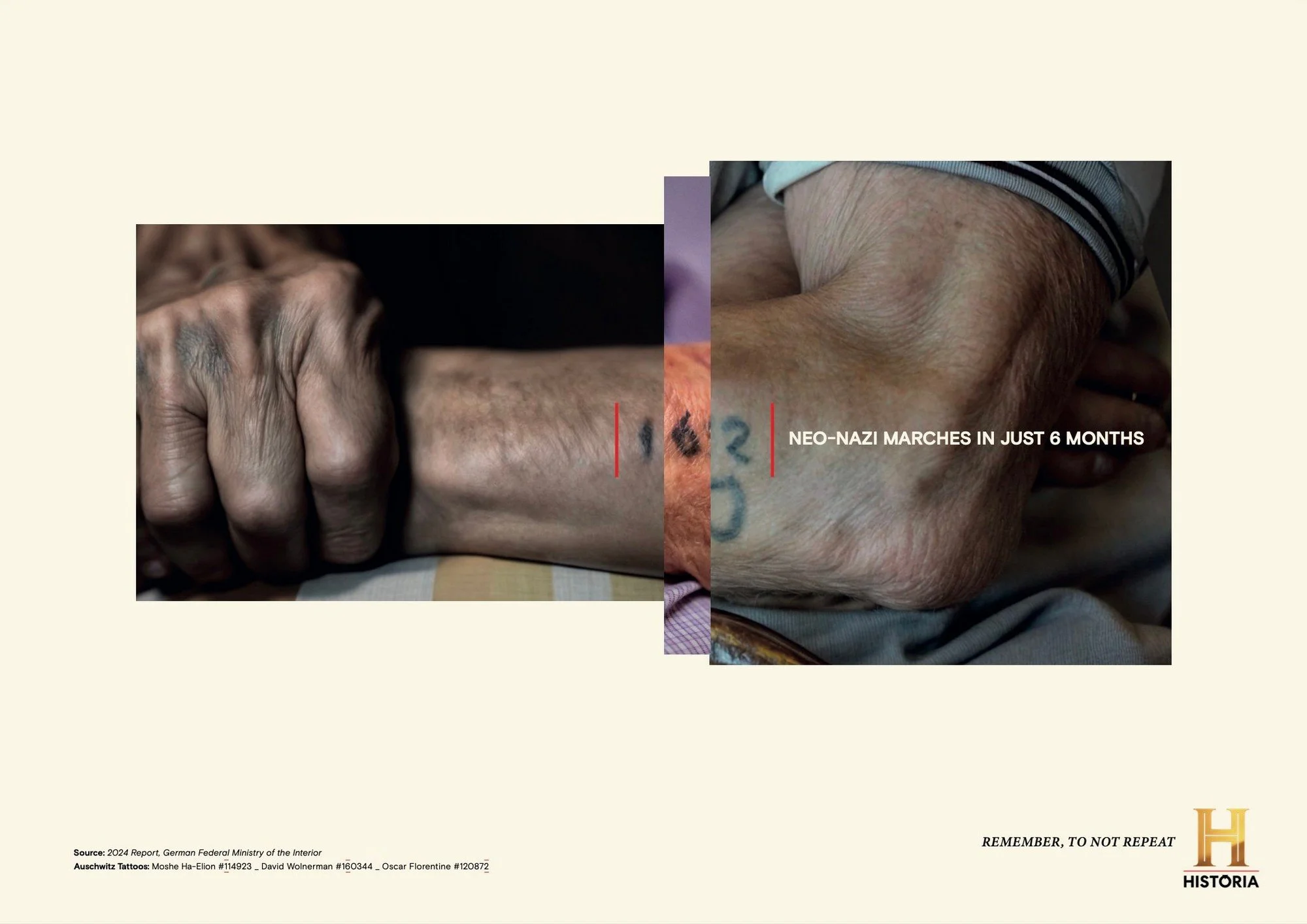 Comparison of two elderly hands, one with tattoo, with the text "Neo-Nazi marches in just 6 months" overlaid, and a logo in the bottom right corner.