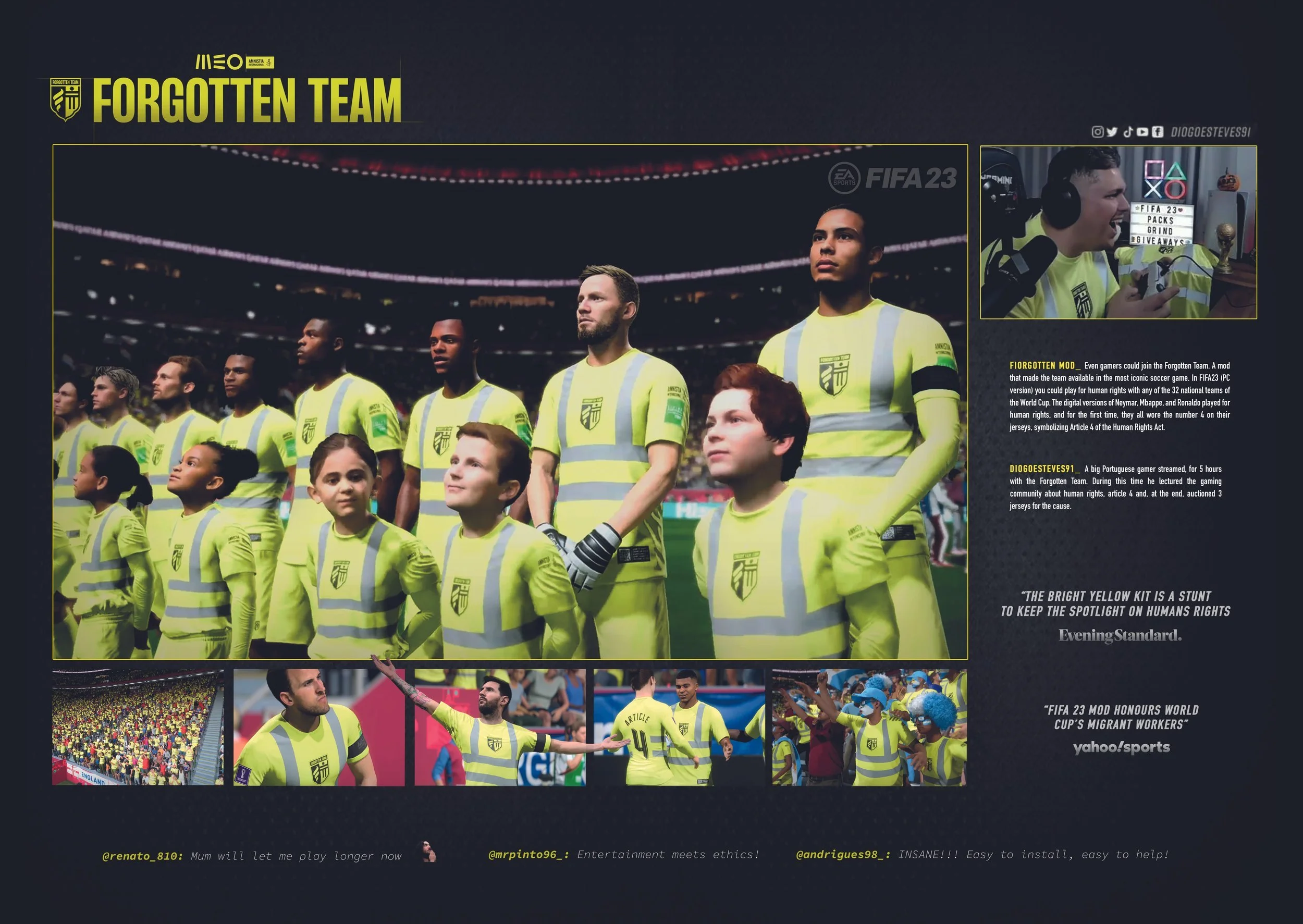 Collage of FIFA 23 video game scenes featuring a virtual football team called the Forgotten Team, with players in yellow jerseys and some children in yellow vests, broadcasting and social media elements, and text discussing the team's context and a goalkeeper.