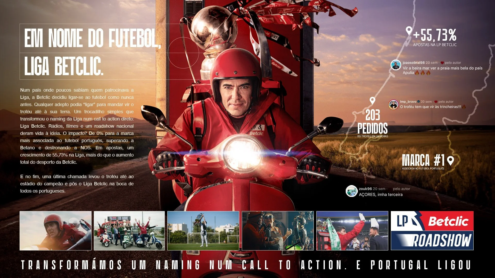 A man wearing a red helmet and red jacket sitting on a red scooter with a large trophy strapped to a box behind him. The background shows a sunset sky over a rural landscape. Text overlays and social media comments are displayed on the image, with icons and statistics about football and Betclic, a Portuguese betting company.