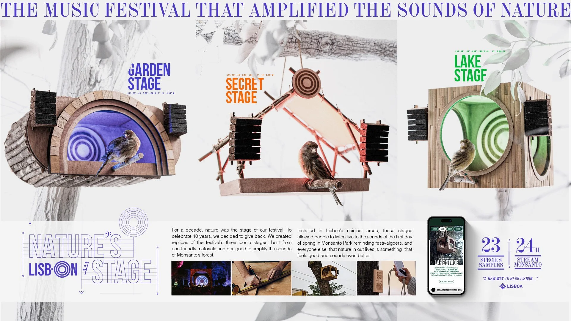 Poster advertising the 'Nature's Stage' music festival in Lisbon, featuring three eco-friendly stage designs: Garden Stage, Secret Stage, and Lake Stage, with a small bird perched on each stage. The poster includes scenic background images, information about the festival's environmental focus, dates, and stream details.