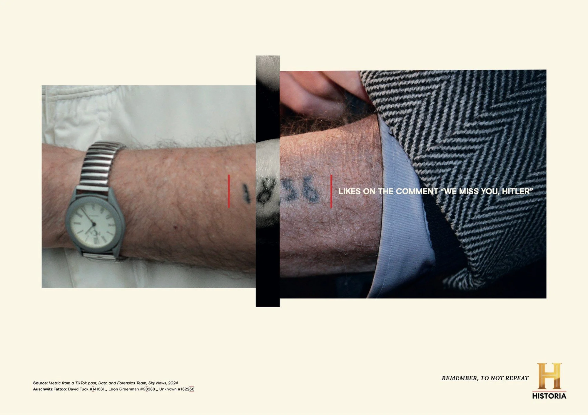Close-up of two wrists, one with a watch and the other with a tattoo, side by side. The image has overlaid text referencing a comment 'We miss you, Hitler'.