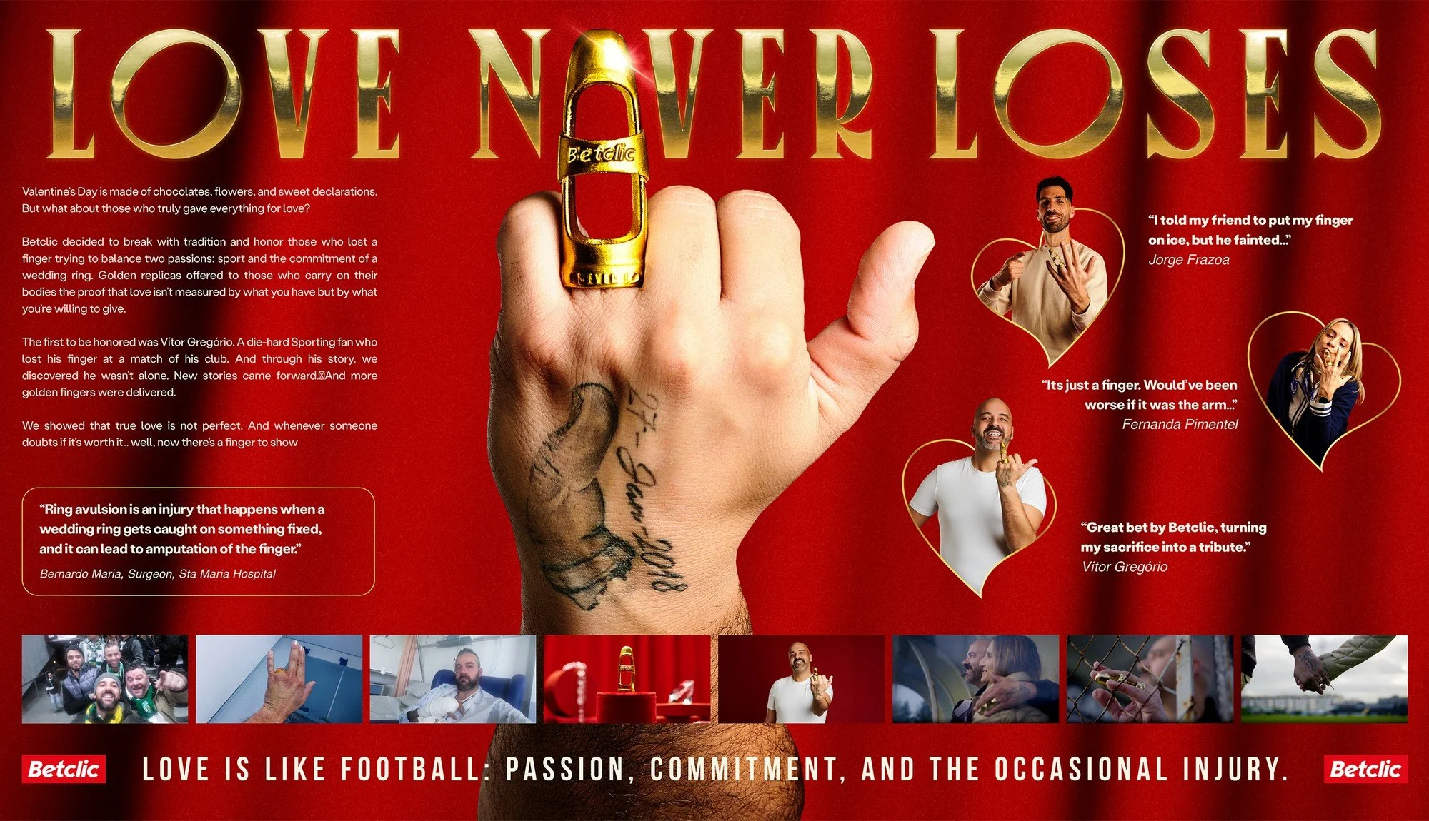 A promotional image for Betclic featuring a tattooed hand with a gold ring, heart-shaped frames with photos of three men and two women, and various quotes about love and sacrifice. The background is red with large gold text saying 'LOVE NEVER LOSES'. There are also smaller photos at the bottom, and the phrase 'LOVE IS LIKE FOOTBALL: PASSION, COMMITMENT, AND THE OCCASIONAL INJURY' at the bottom.