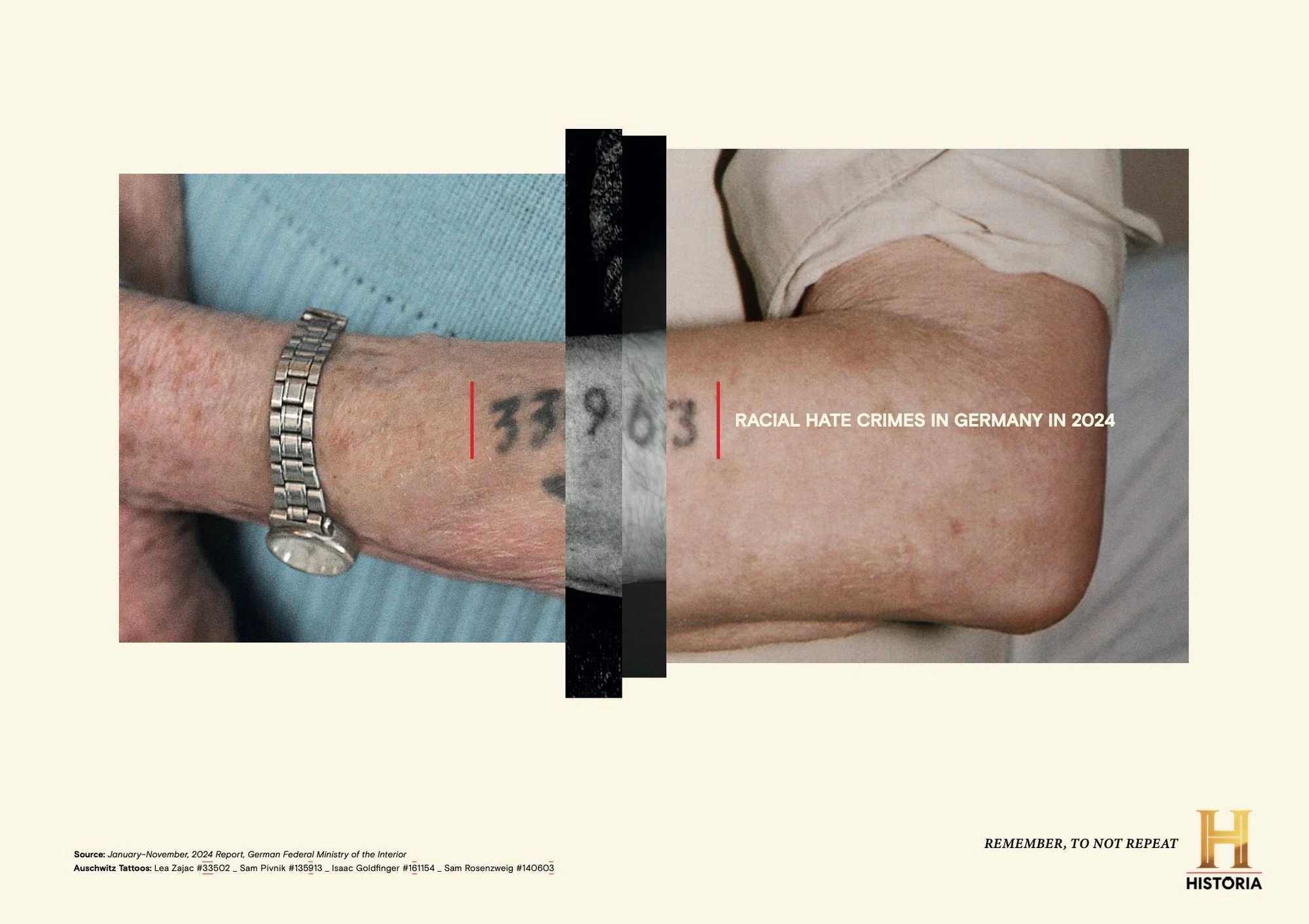 Side-by-side close-up images of aging arms, one with a tattoo and a watch, labeled '39903'; the other bare with visible skin issues, labeled 'Racial hate crimes in Germany in 2024' with the Historia logo in the bottom right corner.