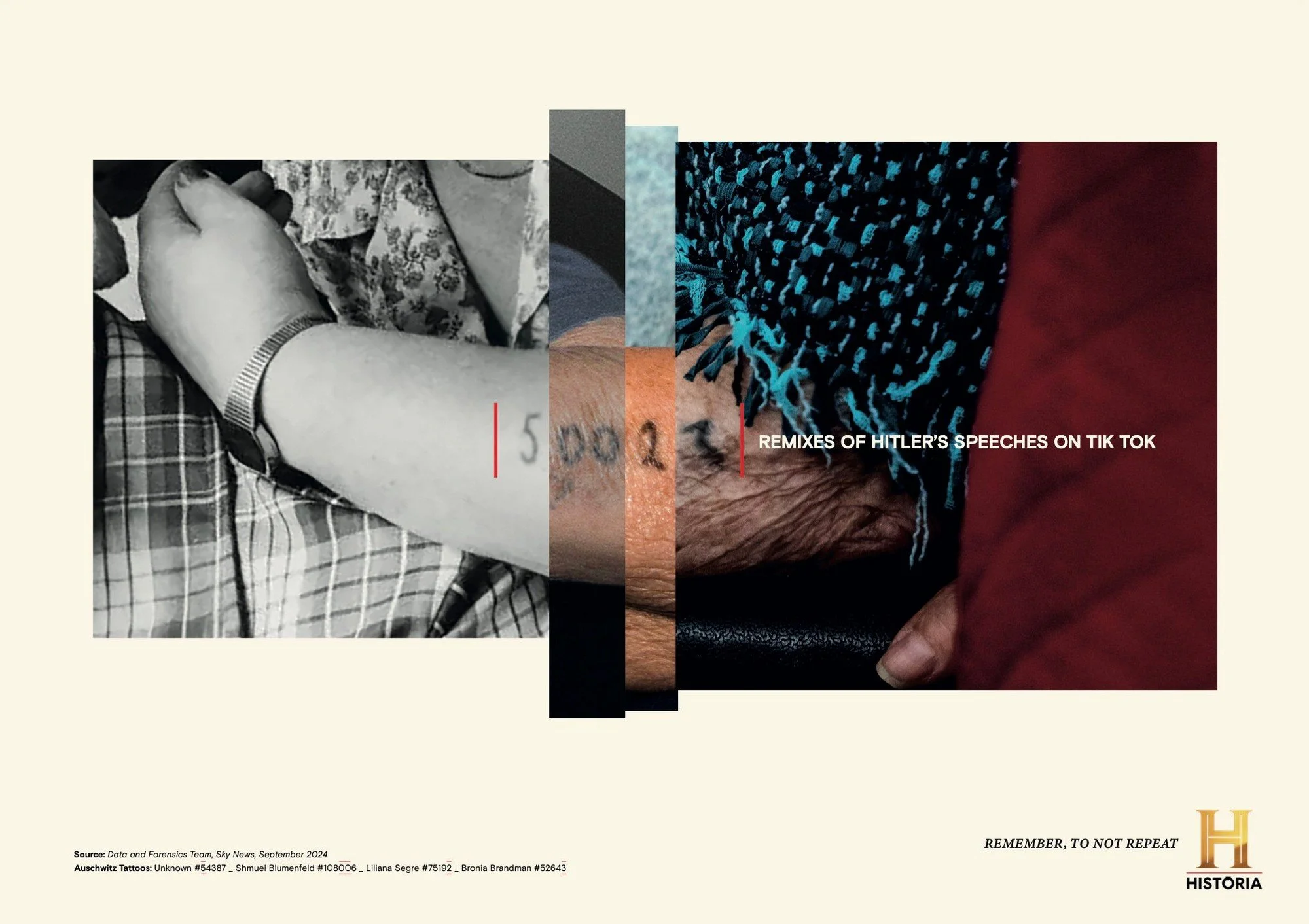 Collage of three tattoos on different people's arms, with the headline 'Remixes of Hitler's Speeches on Tik Tok' and the phrase 'Remember, to not repeat.'