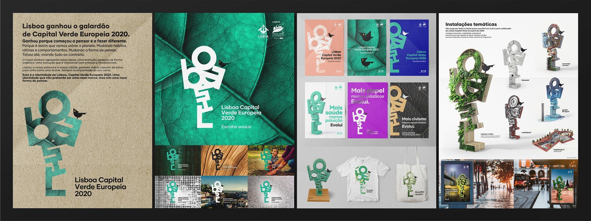 A collage showcasing branding and promotional materials for Lisbon's European Green Capital 2020, featuring various posters, merchandise, and display installations with stylized green and black logo, leaf motifs, and thematic images.