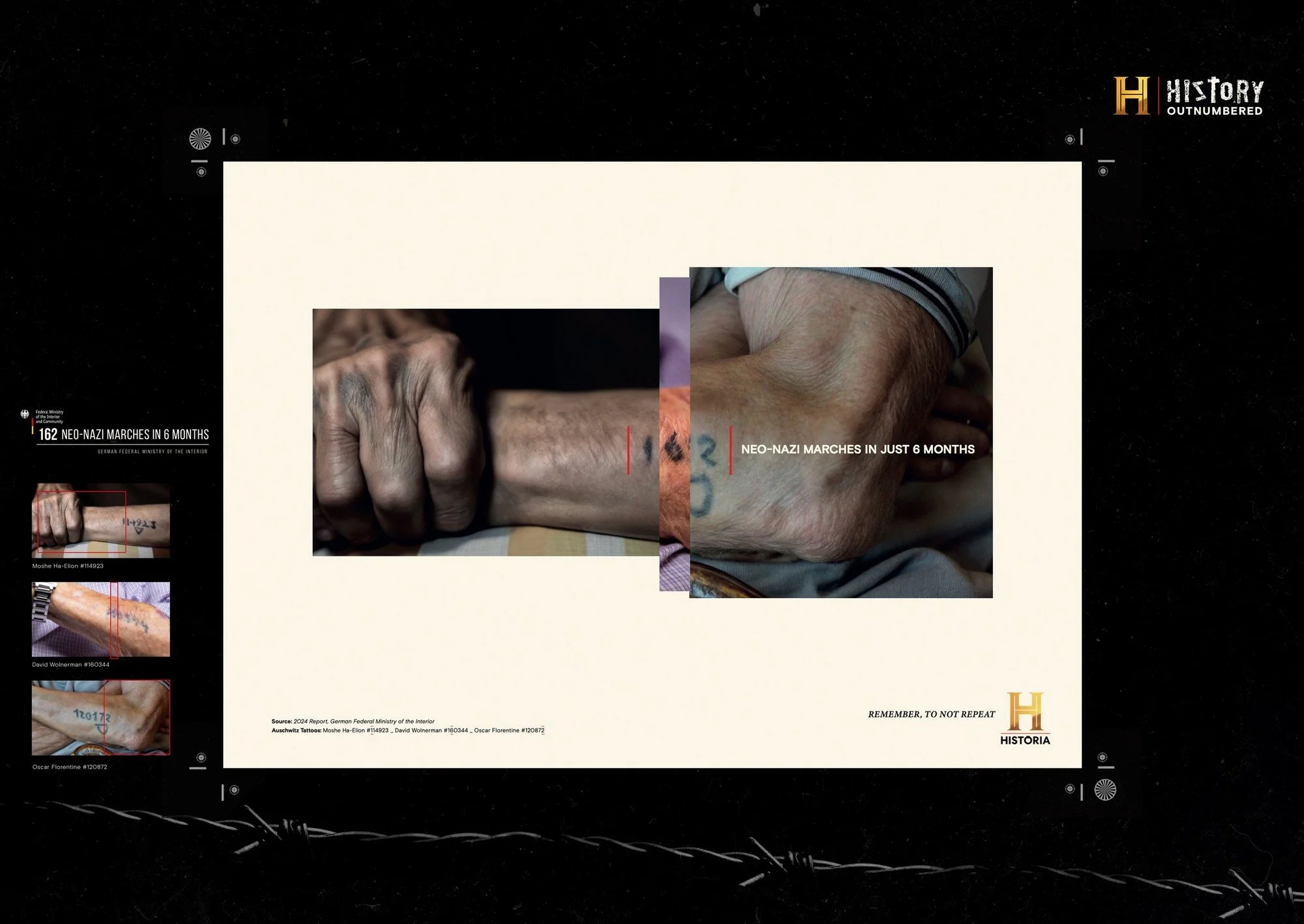 Side-by-side comparison of two tattooed arms, showing a progression from a Nazi salute tattoo to a more neutral tattoo, with text highlighting '162 Neo-Nazi marches in 6 months' and 'Neo-Nazi marches in just 6 months'.