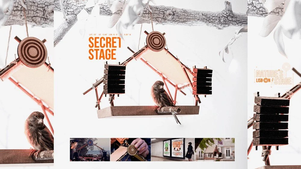 An art installation called 'Secret Stage' in a natural outdoor setting with tree branches and leaves. It features a bird perched on a platform, with a structure of metal and sundial elements resembling a stage or musical setup.