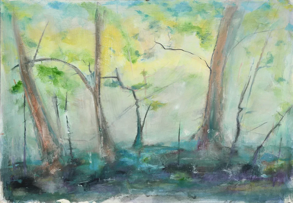 Watercolor painting of a forest scene with tall trees and green foliage, with a misty, light background. Nancy DeNicolo watercolor artist nature