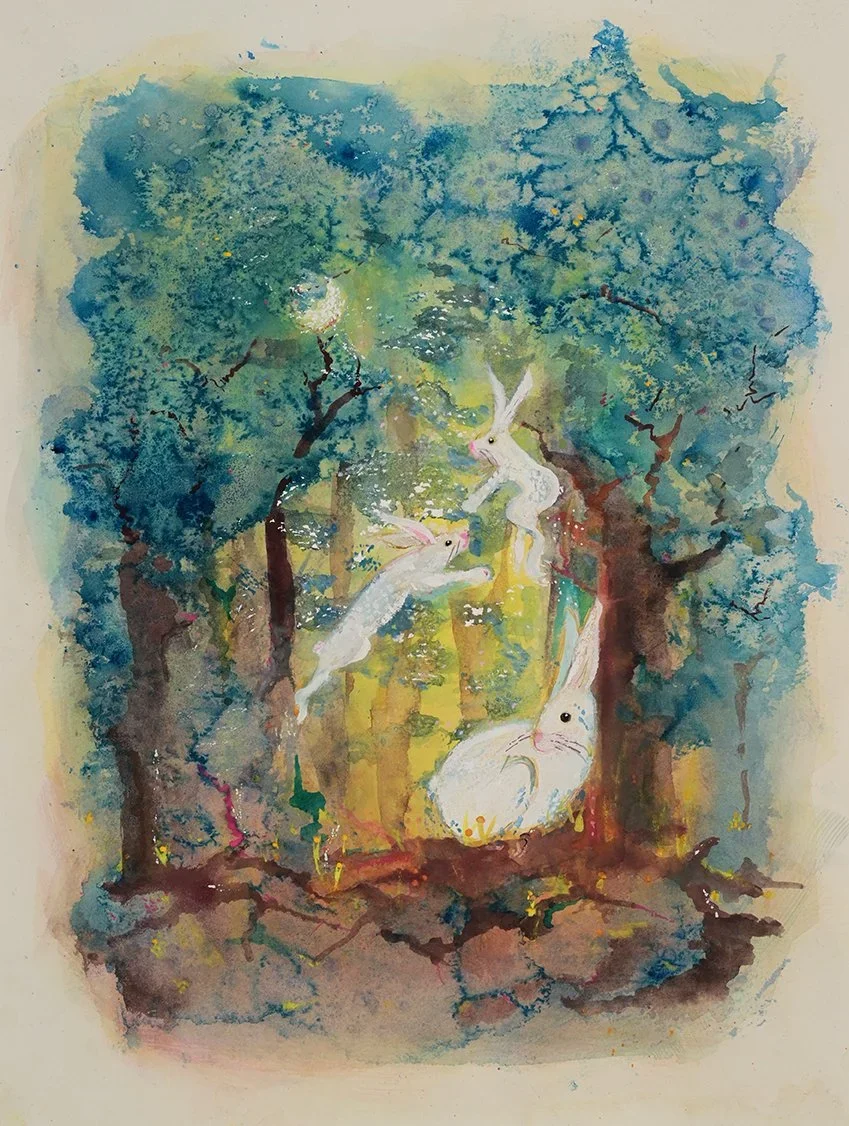 Watercolor painting of a forest scene with three white rabbits. Two rabbits are in the trees; one is leaping, and the other is sitting on a branch. The third rabbit is on the ground, looking up. The background features dense trees and greenery with a soft, light atmosphere.