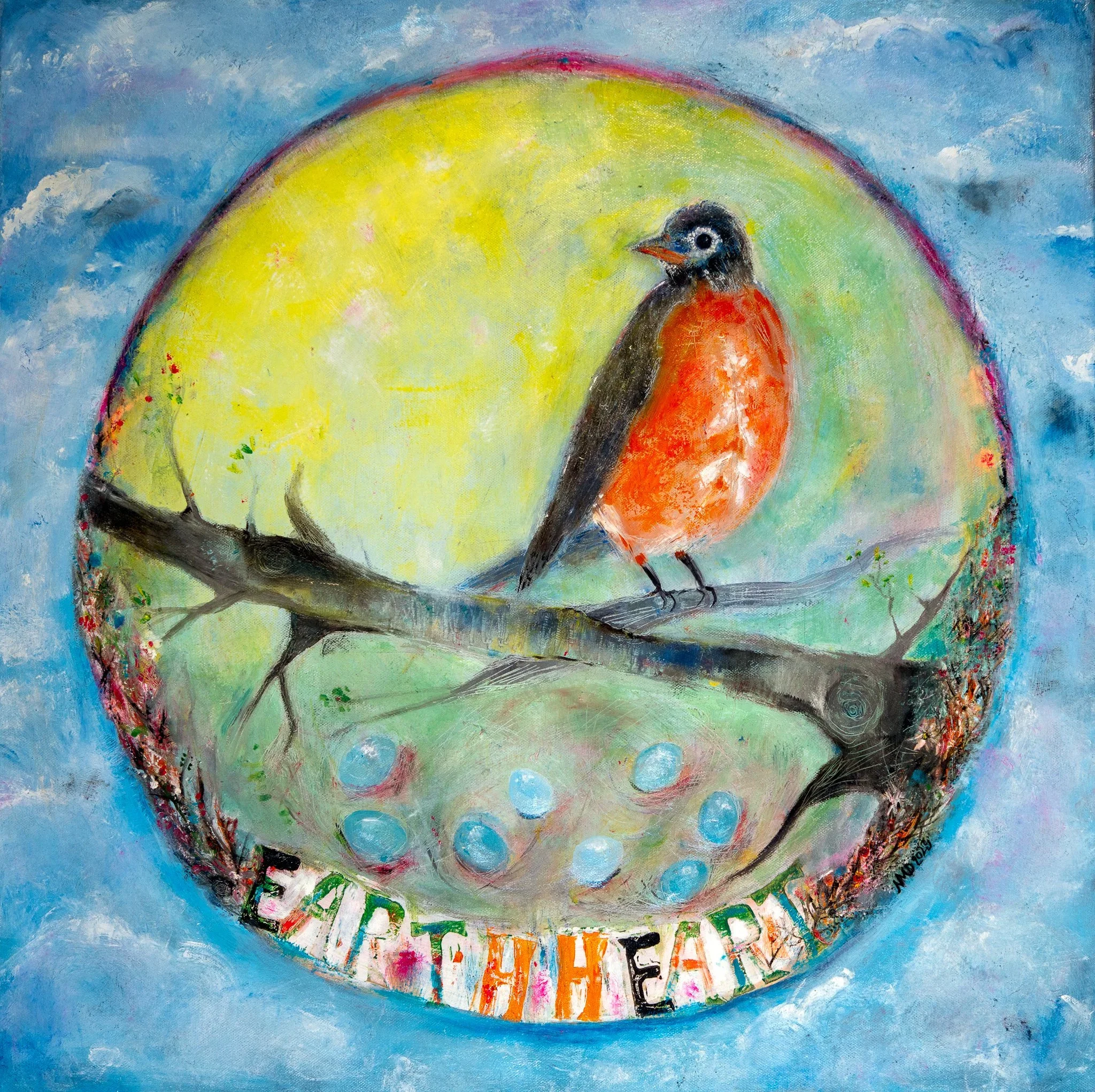 A painting of a bird with a red breast sitting on a branch inside a circular reflective surface. The background is blue with clouds, and the words 'EAT THE EARTH' are written at the bottom of the circle. Nancy DeNicolo watercolor artist sketch