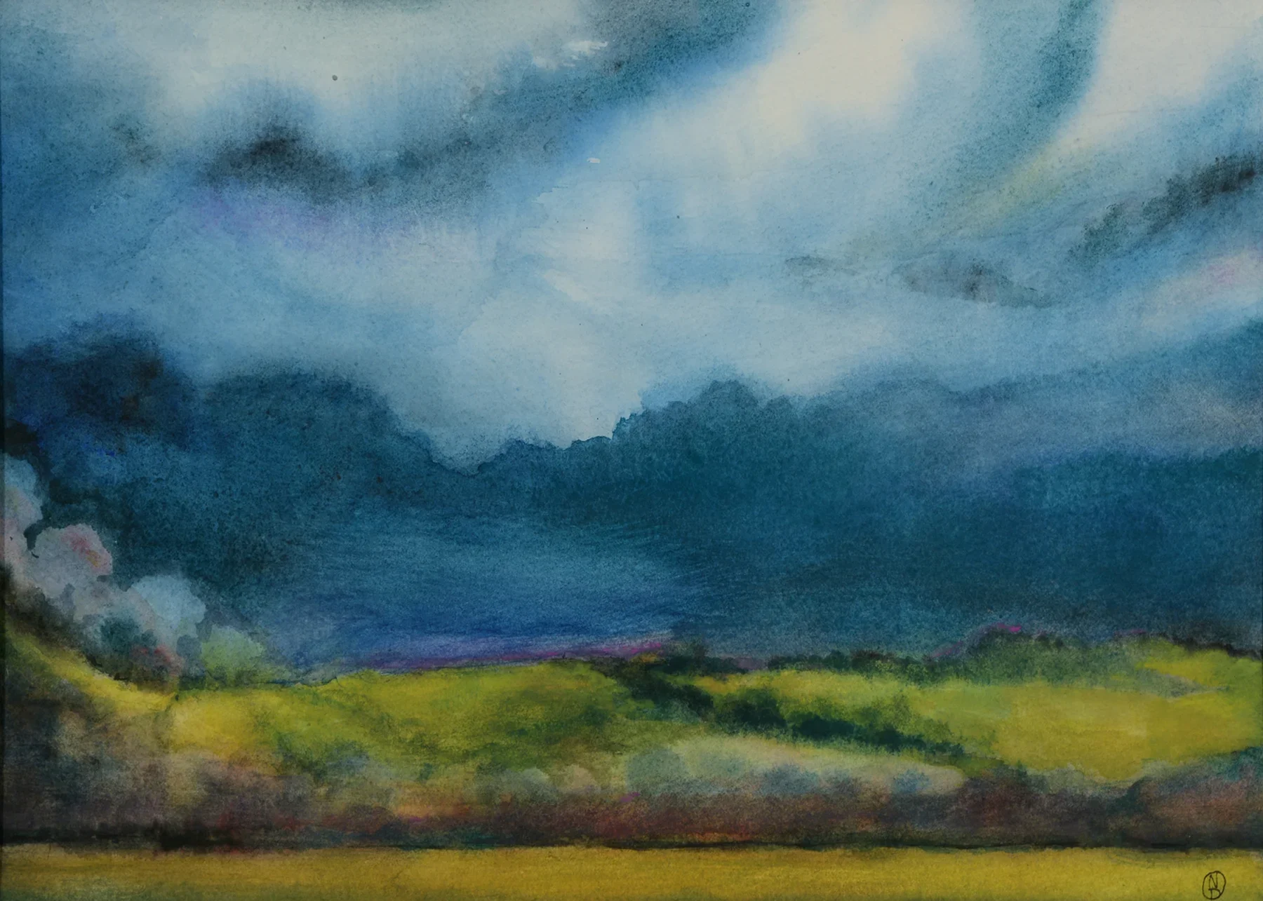 Watercolor painting of a cloudy sky over a green field with distant trees. Nancy DeNicolo watercolor artist nature