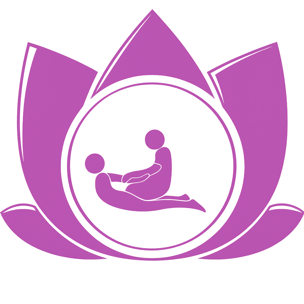 A stylized purple lotus flower with two simplified human figures inside, appearing to be engaged in a practicing yoga or meditation pose.