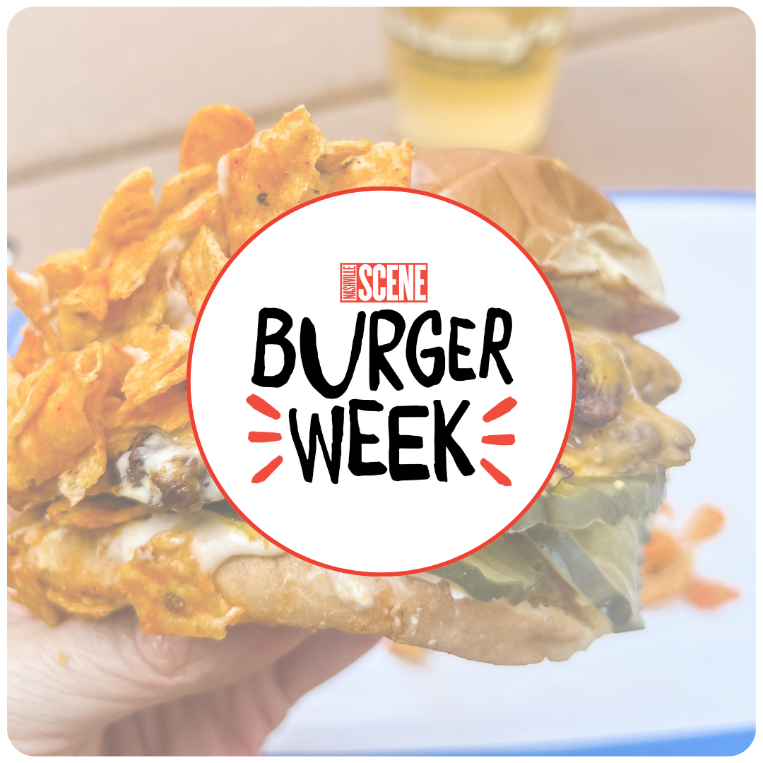 A cheeseburger with pickles, melted cheese, and a toasted bun, held in a person's hand, with the overlay text "Insider Scene Burger Week".