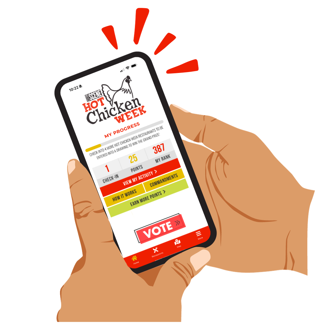 A person holding a smartphone showing a mobile app for 'Hot Chicken Week' with progress, points, rank, and voting options.