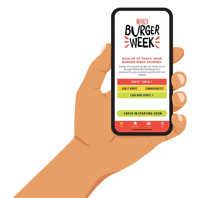 A person holding a smartphone displaying a Burger Week app screen with options to sign up, learn how it works, view commands, earn points, and check in.