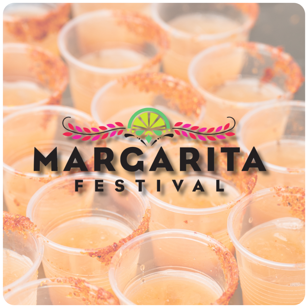 Plastic cups filled with peach-colored beverage, rimmed with red chili powder, arranged closely together with a logo for Margarita Festival overlaying the image.