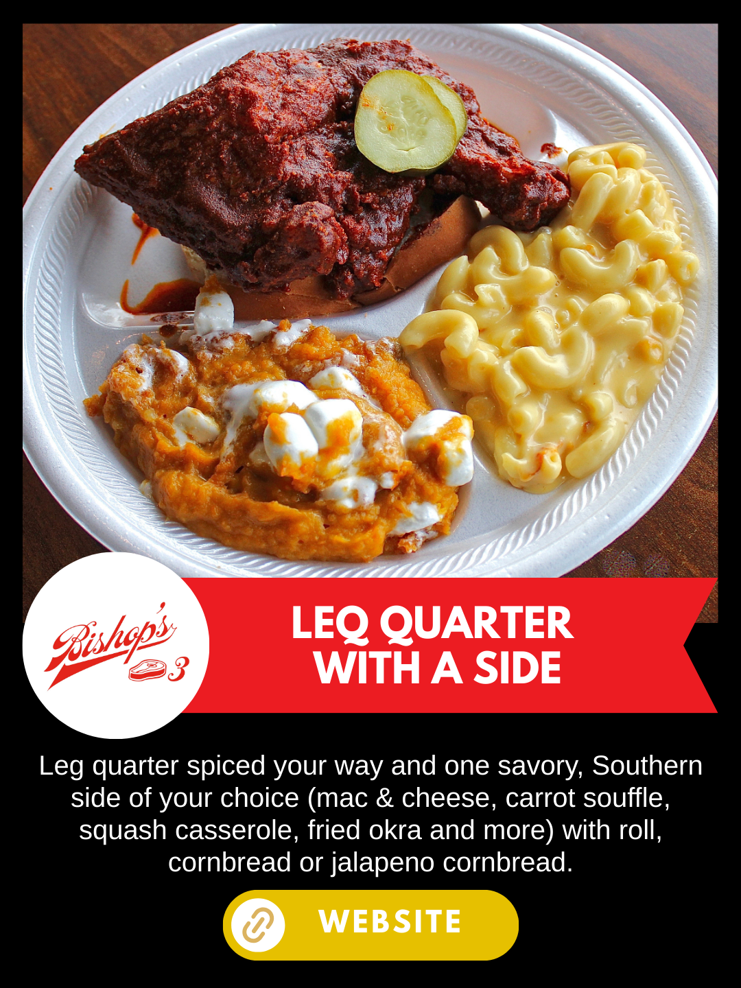Nashville Scene's Hot Chicken Week
Bishop's (Franklin)
Leg Quarter with Side
Leg quarter spiced your way and one savory, Southern side of your choice (mac & cheese, carrot souffle, squash casserole, fried okra and more) with roll, cornbread or jalape