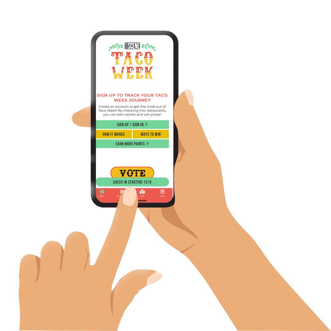 A person holding a smartphone shows a colorful app interface focused on tracking a taco week journey, with buttons for signing up, learning how it works, earning points, and voting.