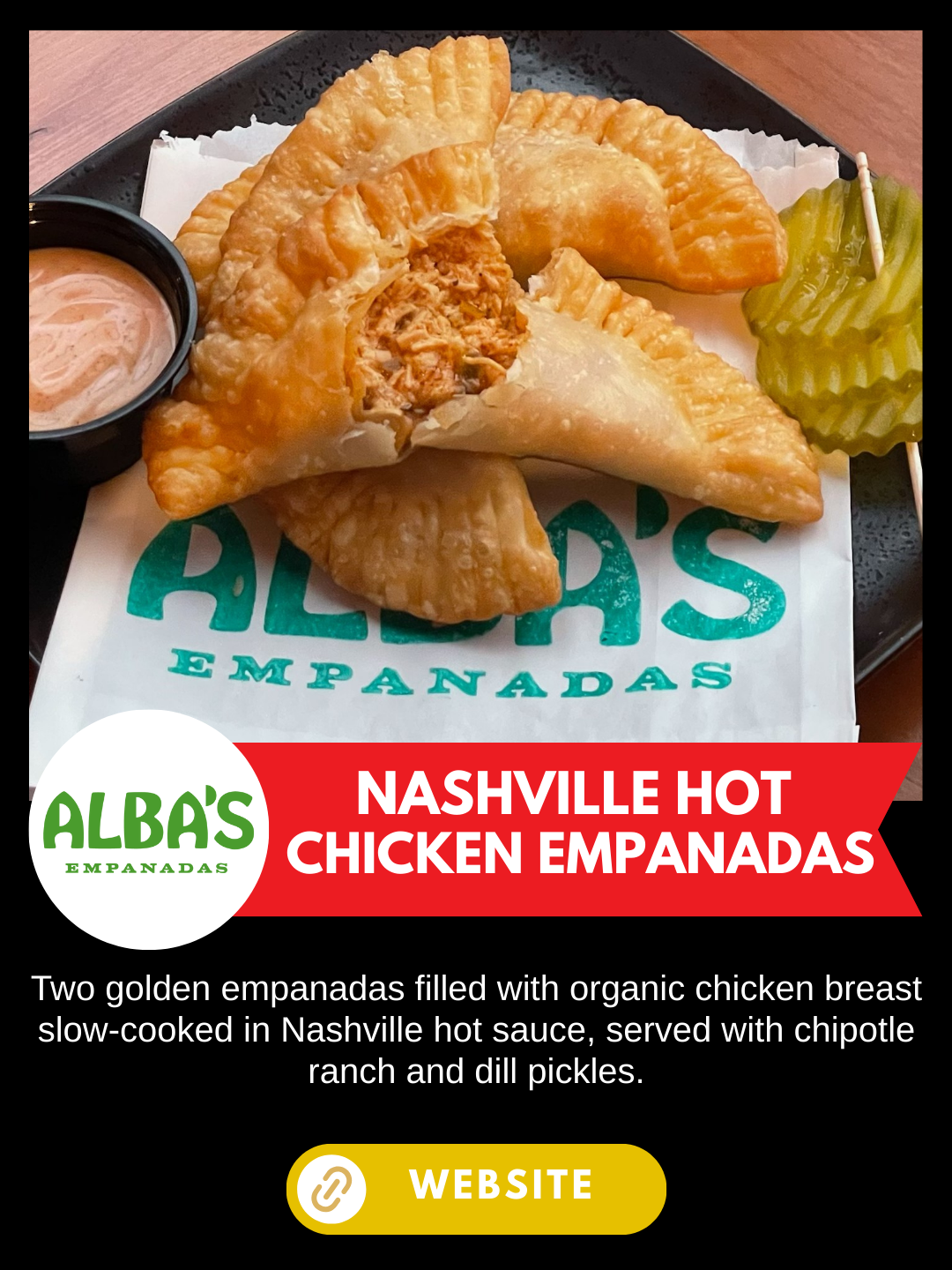 Nashville Scene's Hot Chicken Week
Alba's Empanadas
Nashville Hot Chicken Empanadas
Two golden empanadas filled with organic chicken breast slow-cooked in Nashville hot sauce, served with chipotle ranch and dill pickles.
