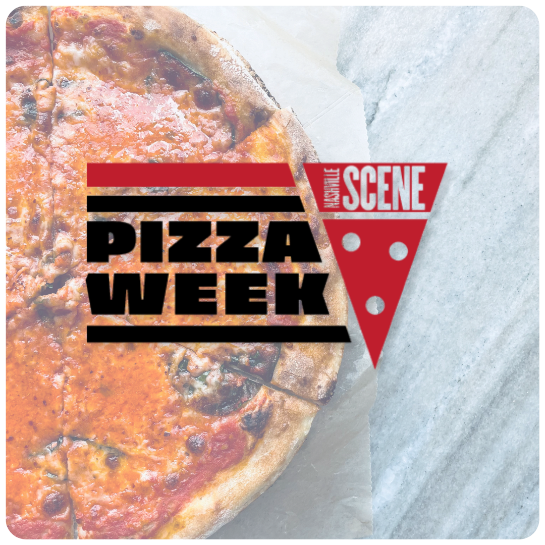 A close-up of a pepperoni pizza with melted cheese, on white parchment paper. Overlaid is the logo for 'Pizza Week' and 'The Scene' with a red pizza slice graphic.