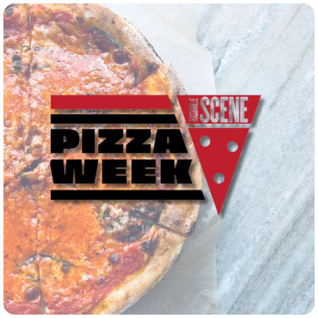 A close-up of a pepperoni pizza with melted cheese, on white parchment paper. Overlaid is the logo for 'Pizza Week' and 'The Scene' with a red pizza slice graphic.