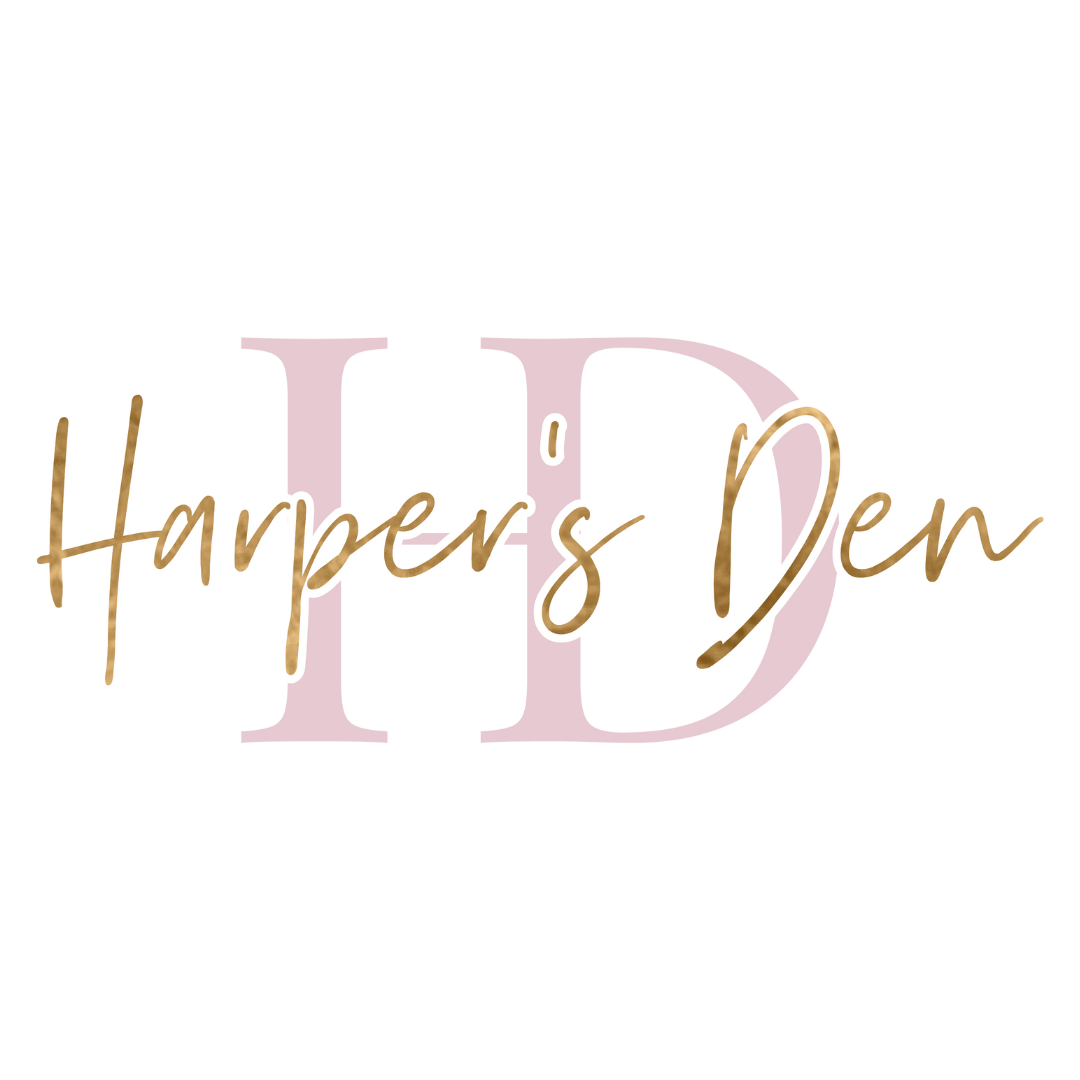 Text graphic that reads 'Harper's Den' with a pink background and light brown cursive font.