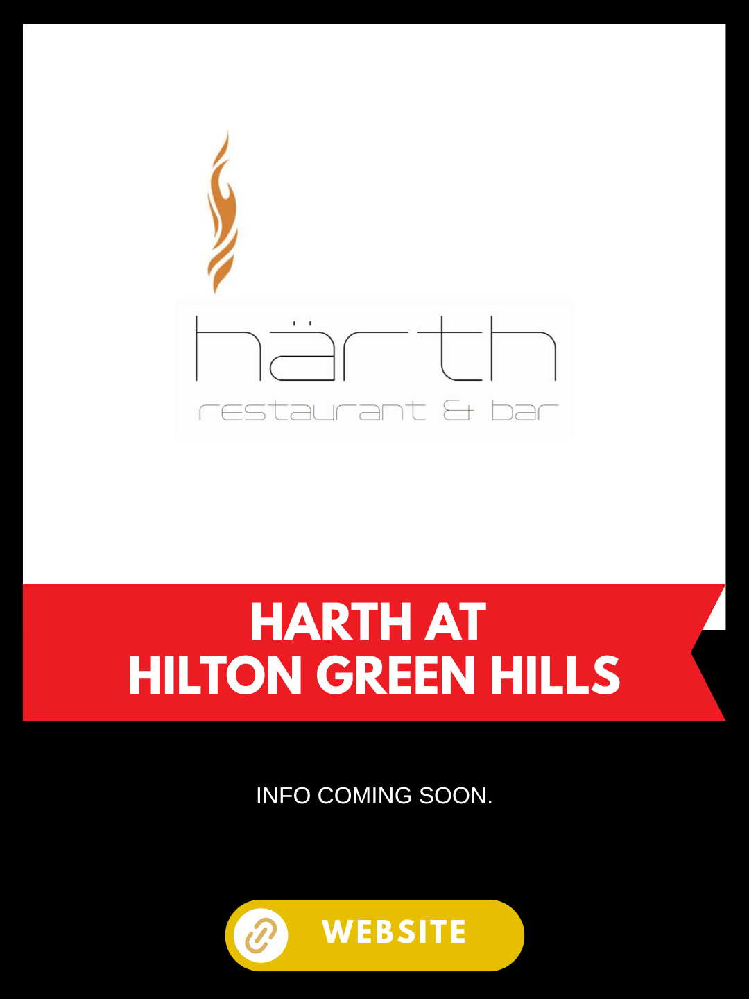 Announcement for Harth at the Hilton Green Hills text 'Info coming soon' and a link button labeled 'Website'.