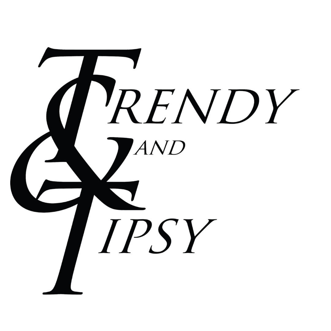 Logo with the words "Trendy and Tipsy" in black script font, with stylized letters.