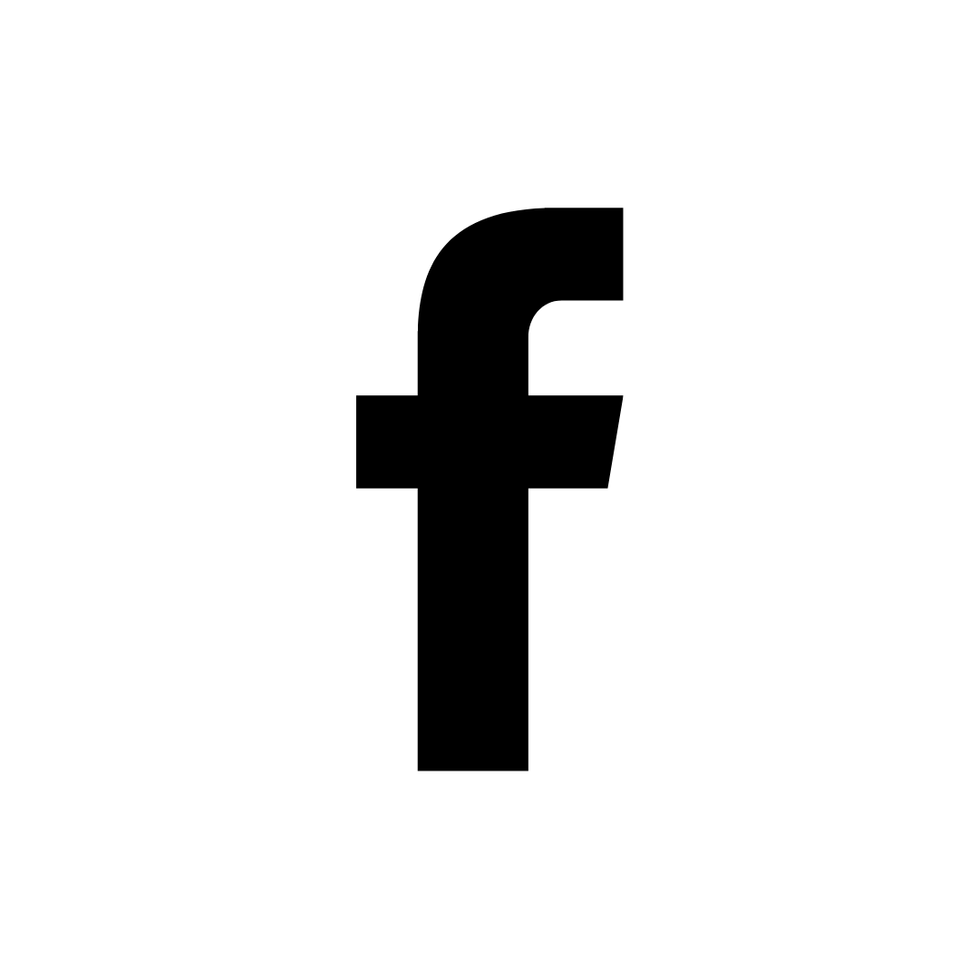 Facebook logo, a black lowercase 'f' on a white circle background.