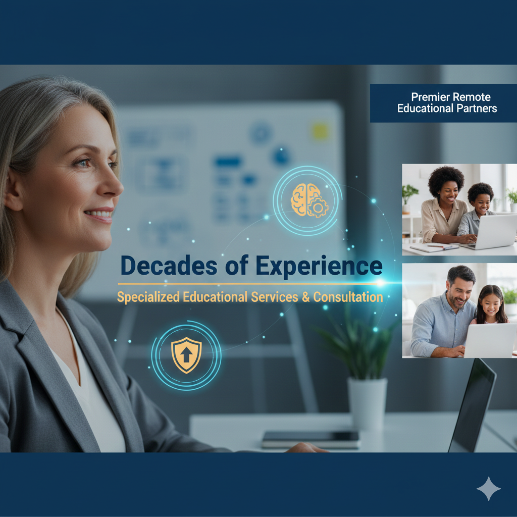 A woman smiling during an online educational consultation with smaller images of a woman and a girl using a laptop and a man and a girl using a laptop, representing remote educational services.