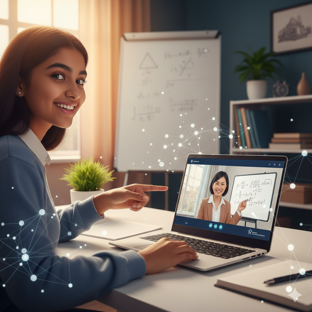 Young woman participating in an online math class on her laptop in a cozy home office.