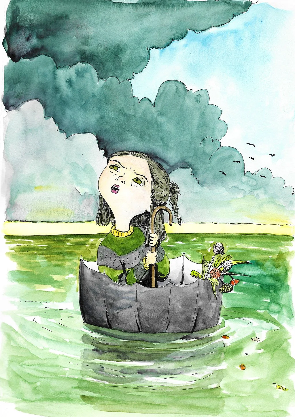 Watercolor illustration of the main character, Alia, sitting in a dark umbrella afloat at sea. She looks confused. She also has some dead flowers. A storm is in the distance.