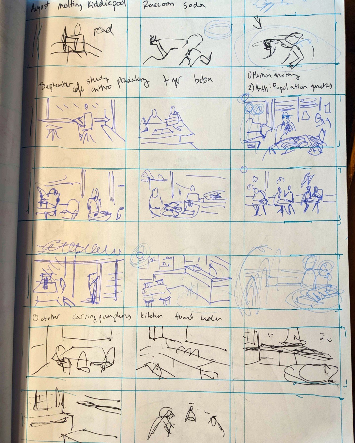 I put a lot of effort into the illustrations for my 2026 storytime calendar. These are the thumbnails for August (top row), September (middle three rows in blue), and October (bottom two rows). Thumbnails can be hilariously bad. 😆