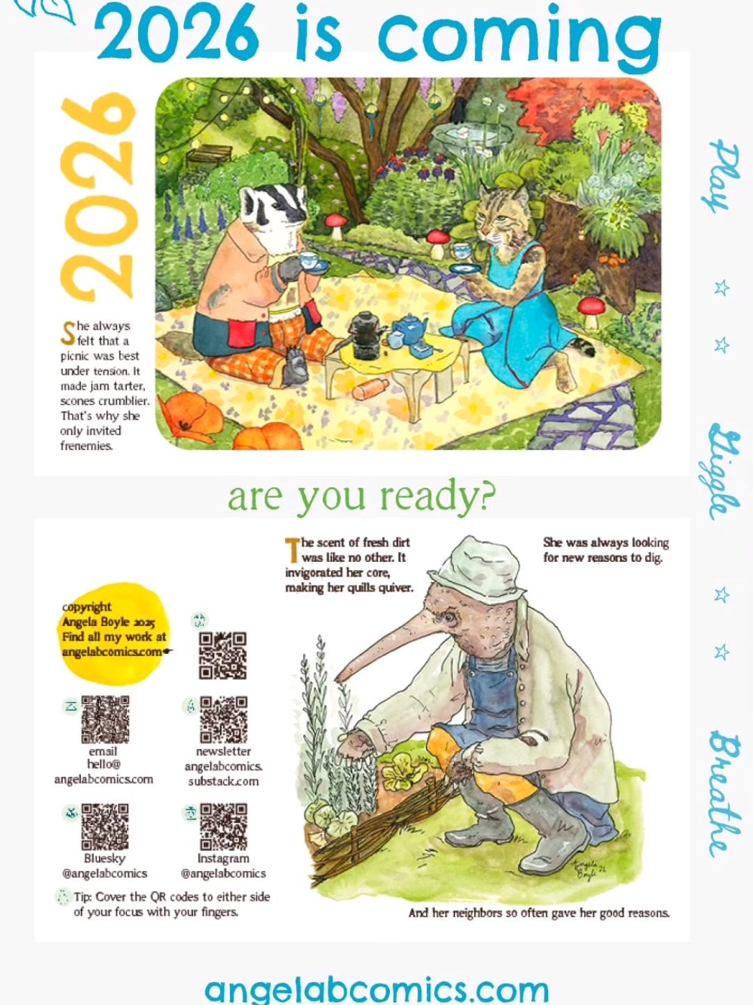 Are you ready for 2026? I know I'm not. How in the world is the present so far into the future? I don't think I understand time anymore. But don't let that stop you from getting my first-ever calendar: angelabcomics.storenvy.com