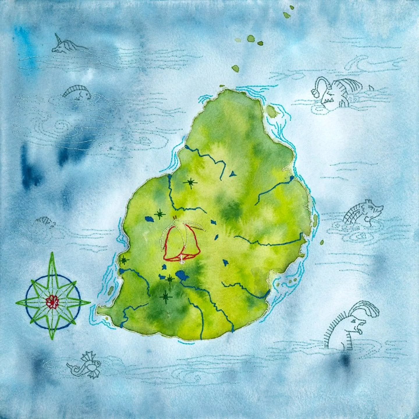 I learned from this embroidered watercolor map of Mauritius that a 12-inch square is too big to embroider comfortably. But it turned out so well! So this is probably the largest embroidered watercolor I will ever make. 
I posted about the process her