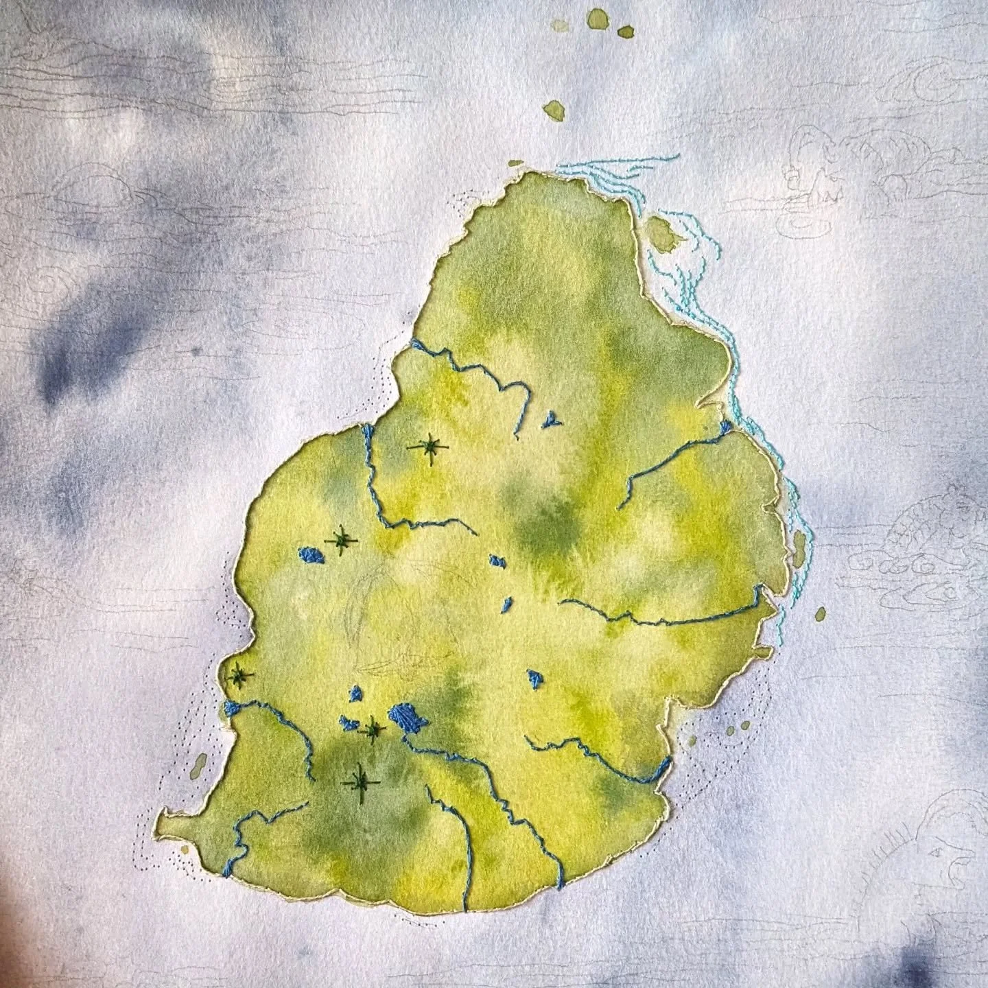 Who doesn't love the lovely variegation of loose watercolors? This is a map of Mauritius and I have embroidered only the waterways. I posted about the whole process here: http://magazine.angelabcomics.com/eye-candy/map-of-mauritius/