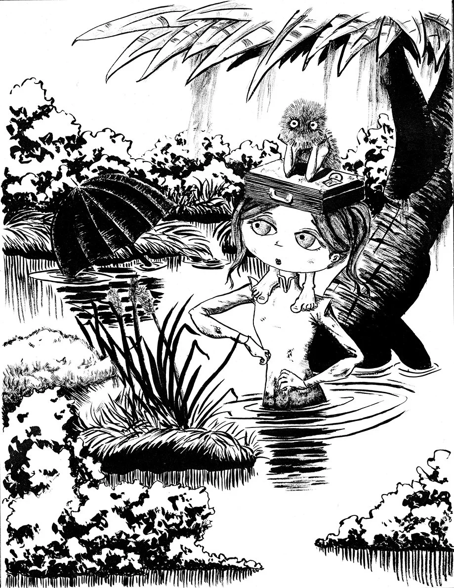 A black and white illustration of a girl, Alia, with a small creature on her head, standing in a pond surrounded by plants and trees.