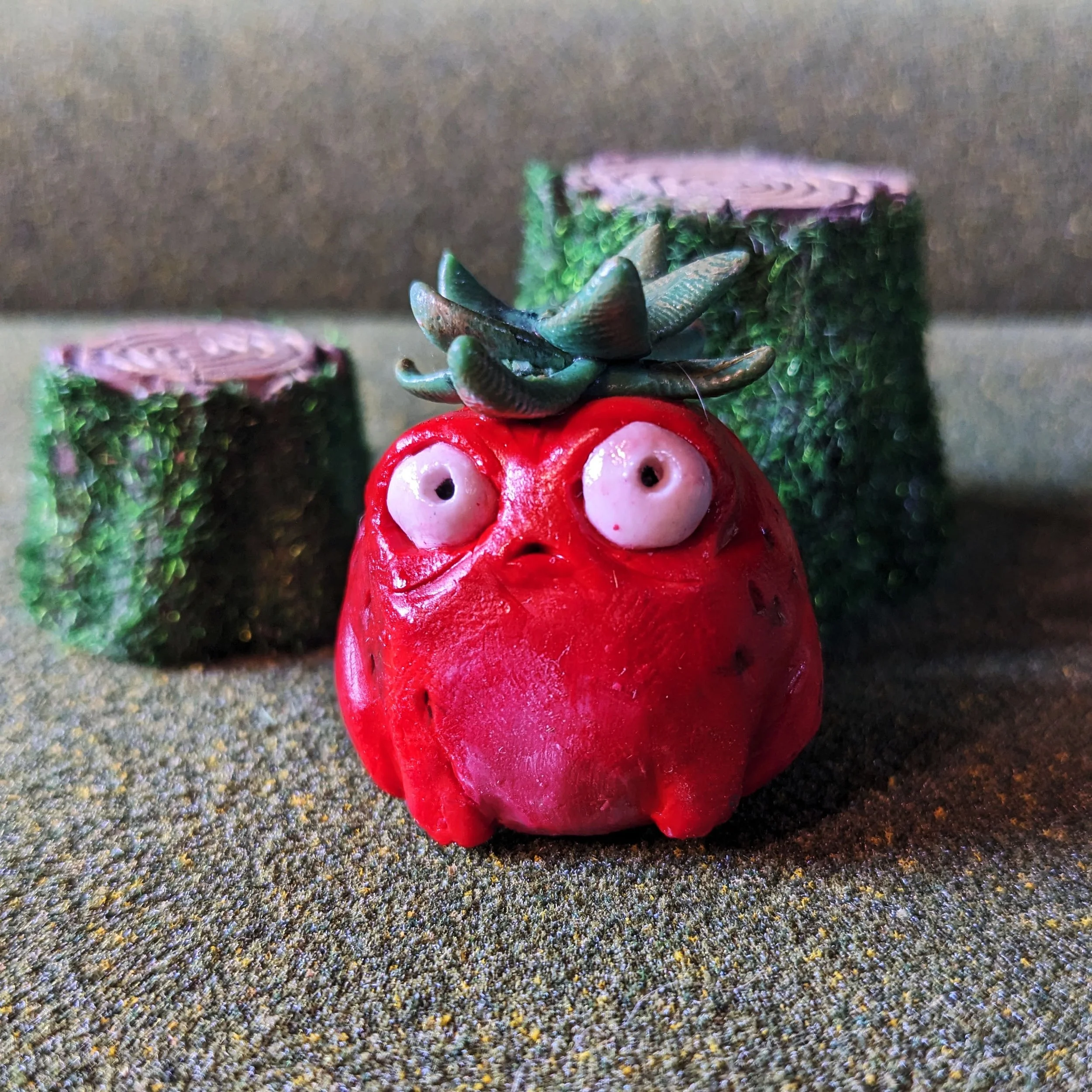 A small figurine of a red strawberry frog with cartoonish eyes and a green leafy top, placed on a grass-textured surface with two mossy stumps behind it.