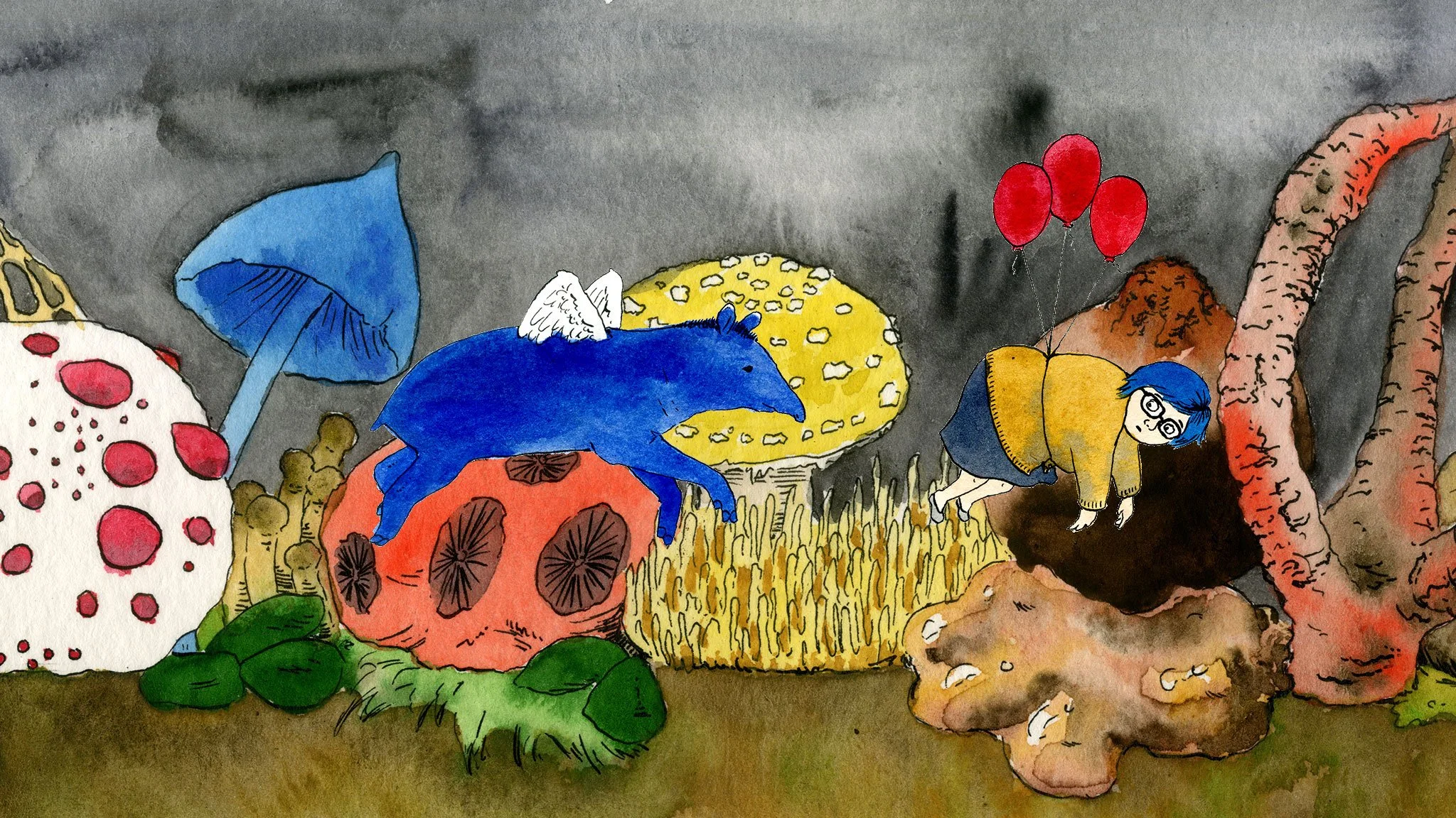 A whimsical watercolor illustration of a fantasy scene with various fungi, a blue tapir with white wings, and Angela, a girl with blue hair and glasses holding red balloons.