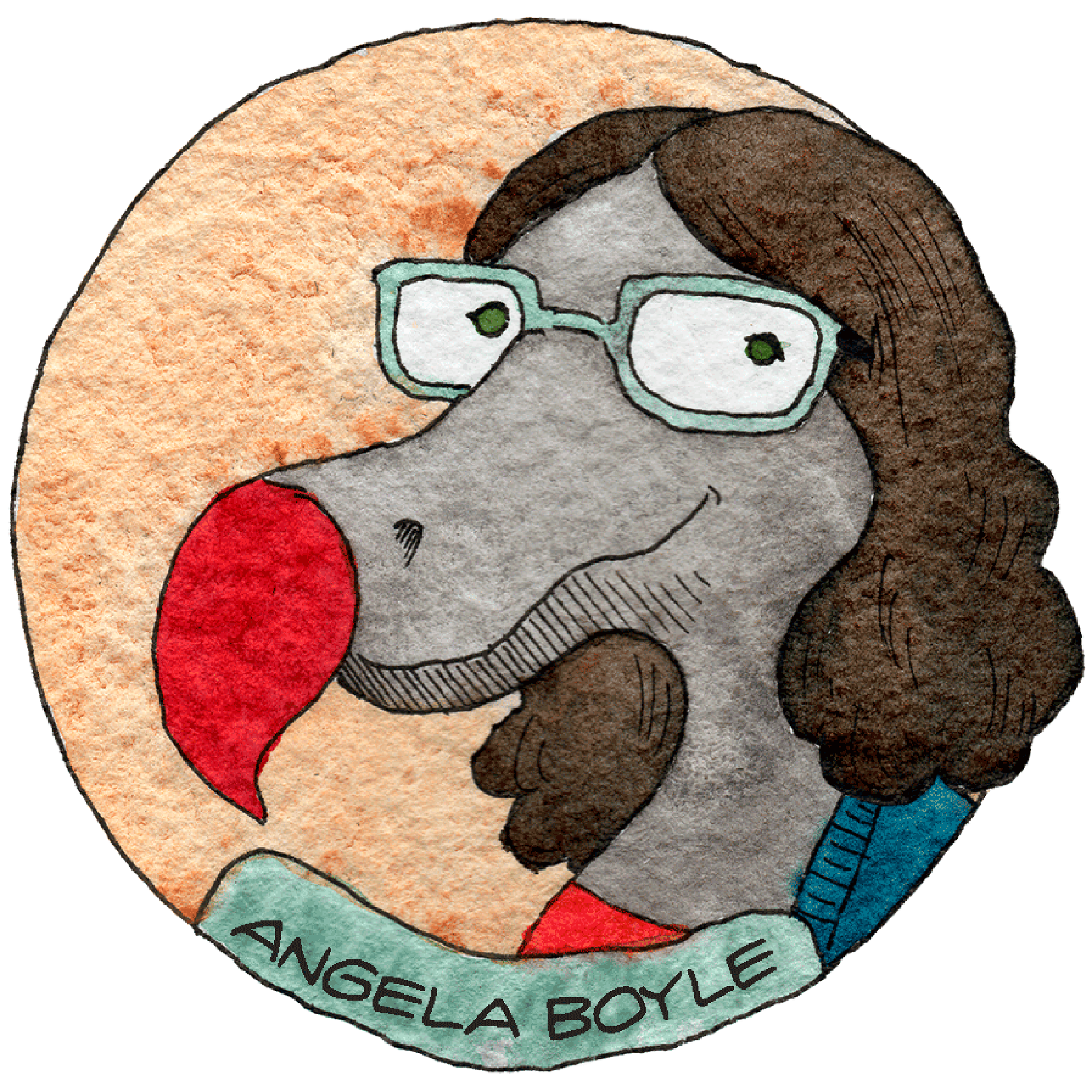 A watercolor illustration of a dodo-bird girl with gray skin and brown hair wearing glasses, with a red tongue and a light blue ribbon with the name Angela Boyle.