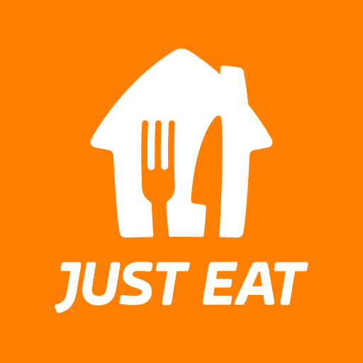 Logo with a house shape outline containing a fork and knife, with the text 'JUST EAT' below, on an orange background.