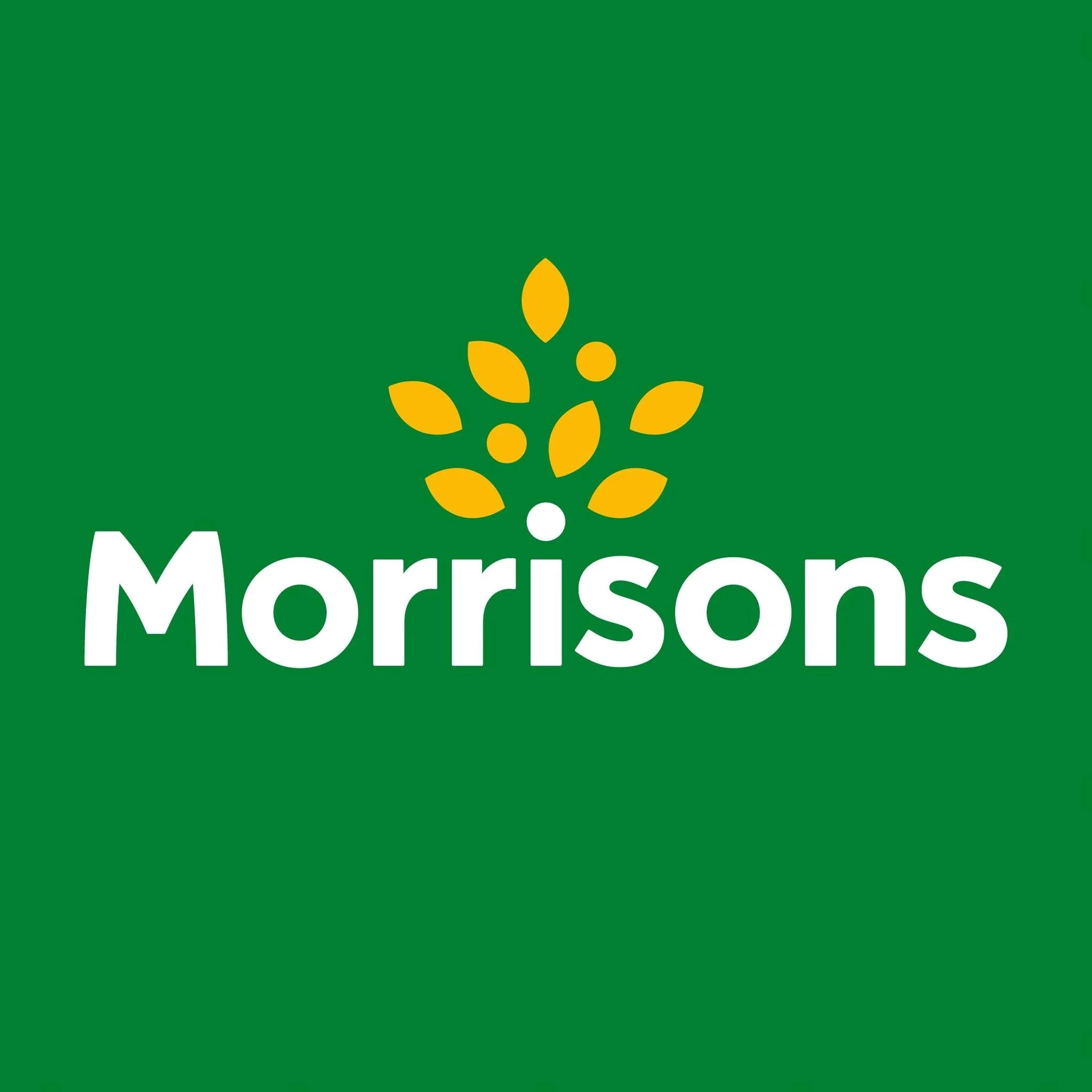 Logo of Morrisons supermarket with a green background, a white and yellow abstract plant above the white text 'Morrisons'.