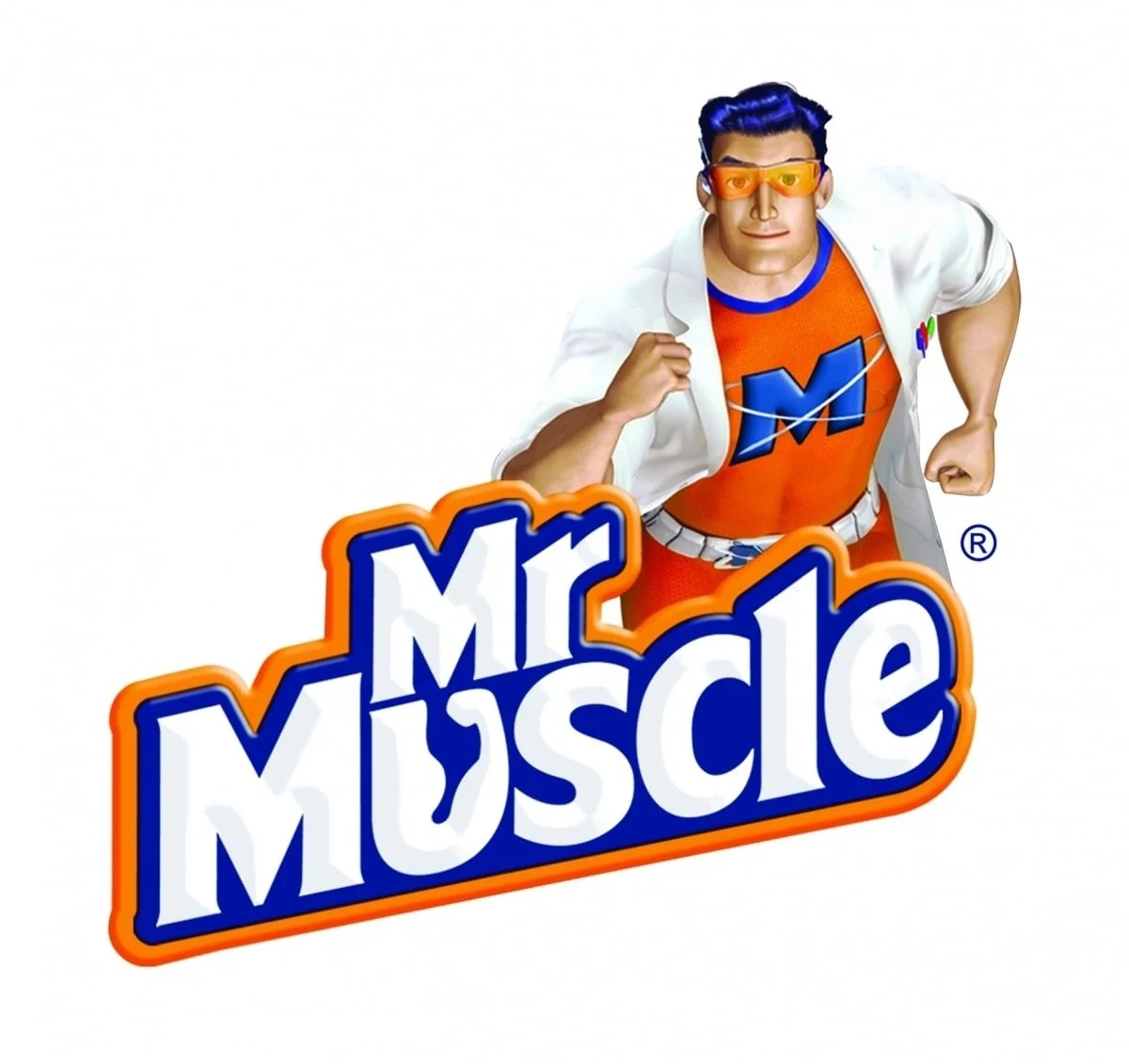 A muscular man in superhero costume with orange shirt, white coat, and sunglasses, holding a sign that reads 'Mr. Muscle' in bold letters.